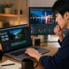 VideoProc Vloggerの安全性や無料動画編集ソフトの使い方を確認しながら作業する日本人男性