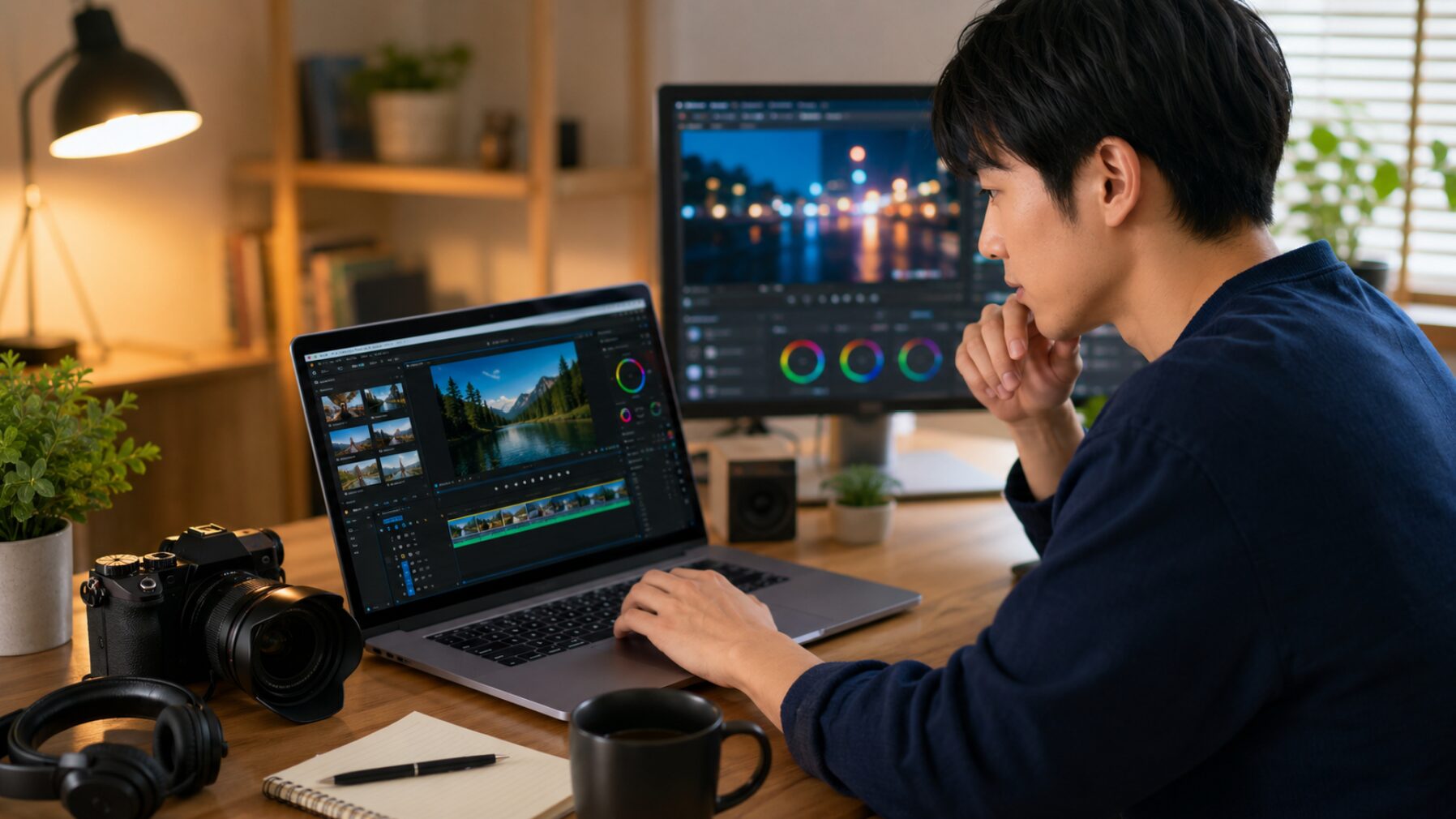 VideoProc Vloggerの安全性や無料動画編集ソフトの使い方を確認しながら作業する日本人男性