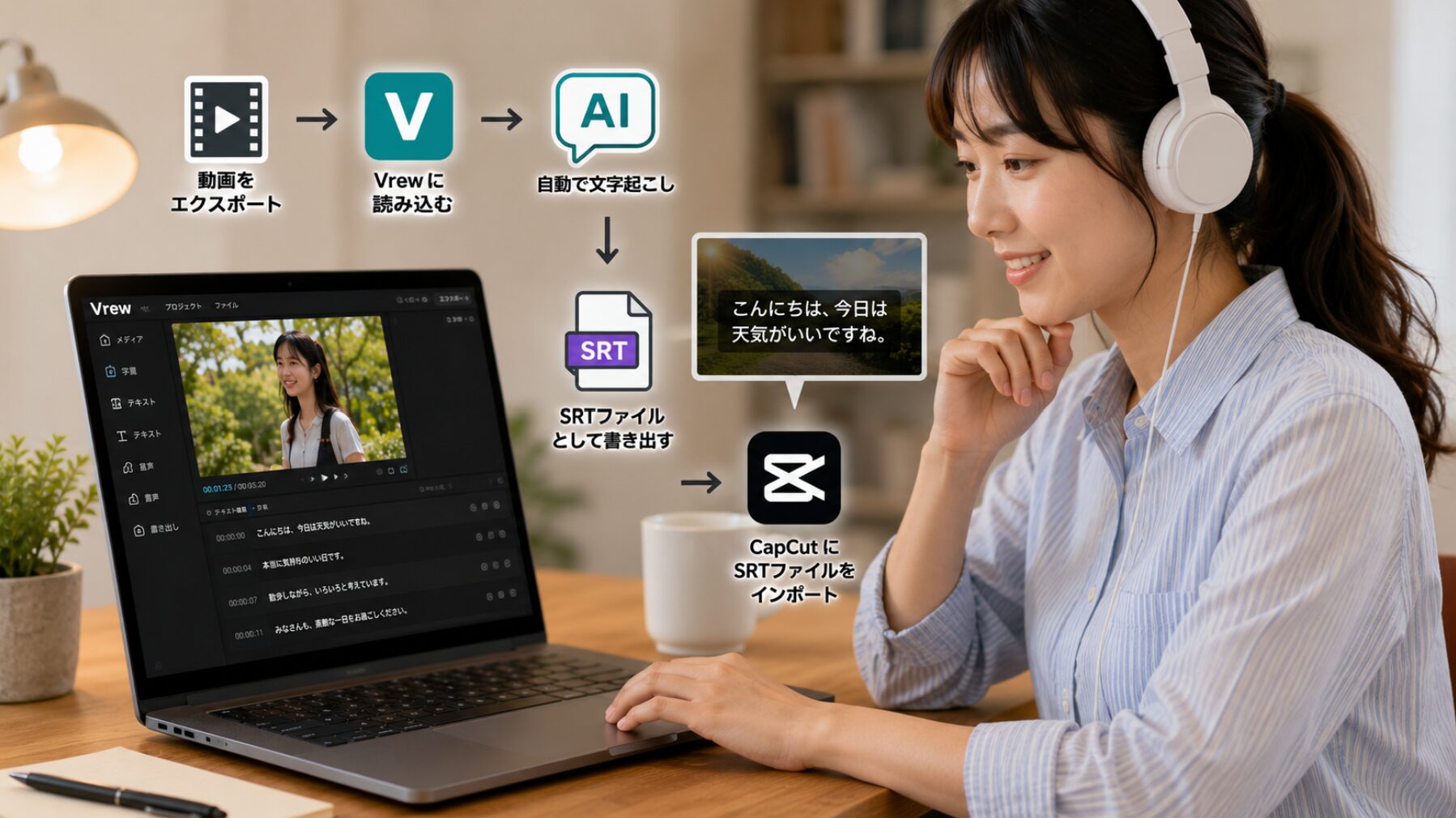 Vrewで文字起こししてSRTを書き出し、CapCutに取り込む字幕作成の流れを示したイメージ