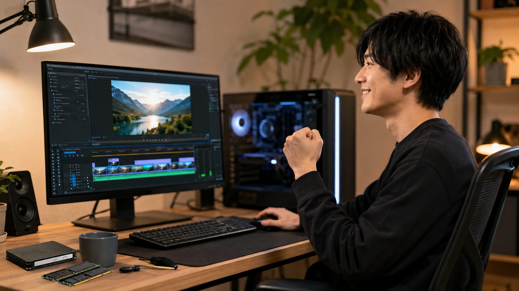 メモリやSSDを用意し、快適になったパソコン環境で動画編集を進める男性