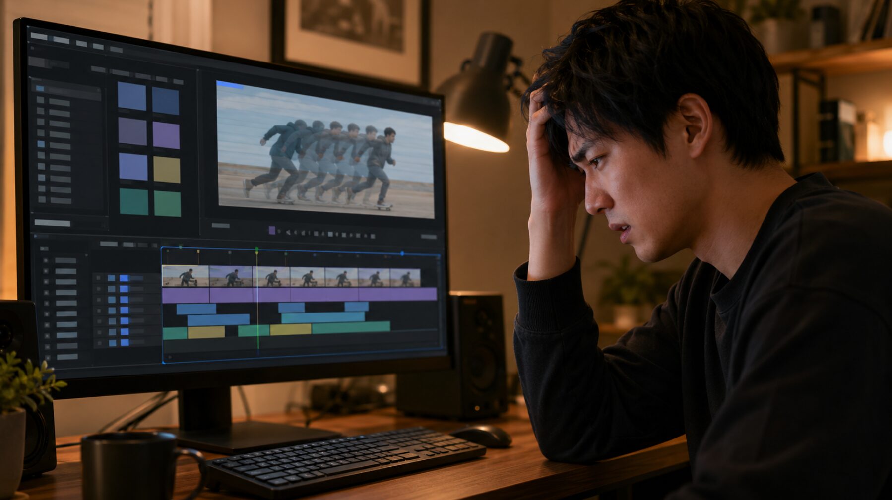 Aviutlの動画編集画面で、カクカクするプレビューと複数レイヤーのタイムラインを見て困っている男性