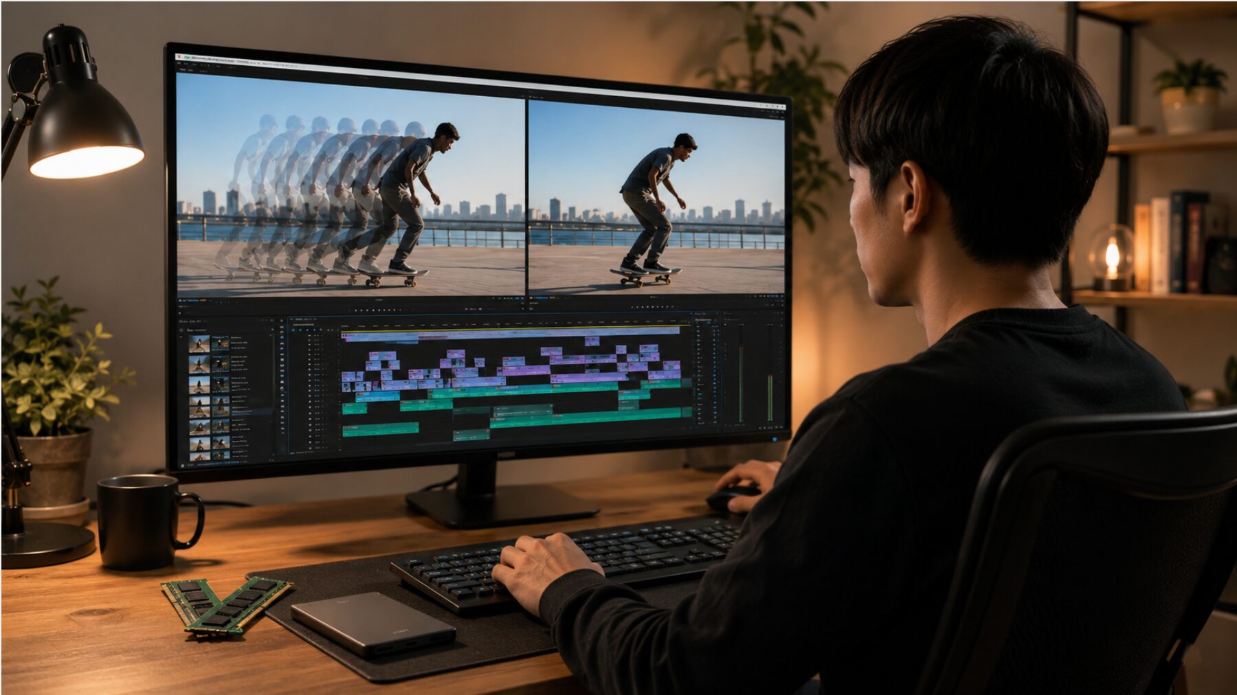 Aviutlのプレビューがカクカクする状態と滑らかな再生を比較し、メモリやSSDを使った動画編集の軽量化を示す作業環境
