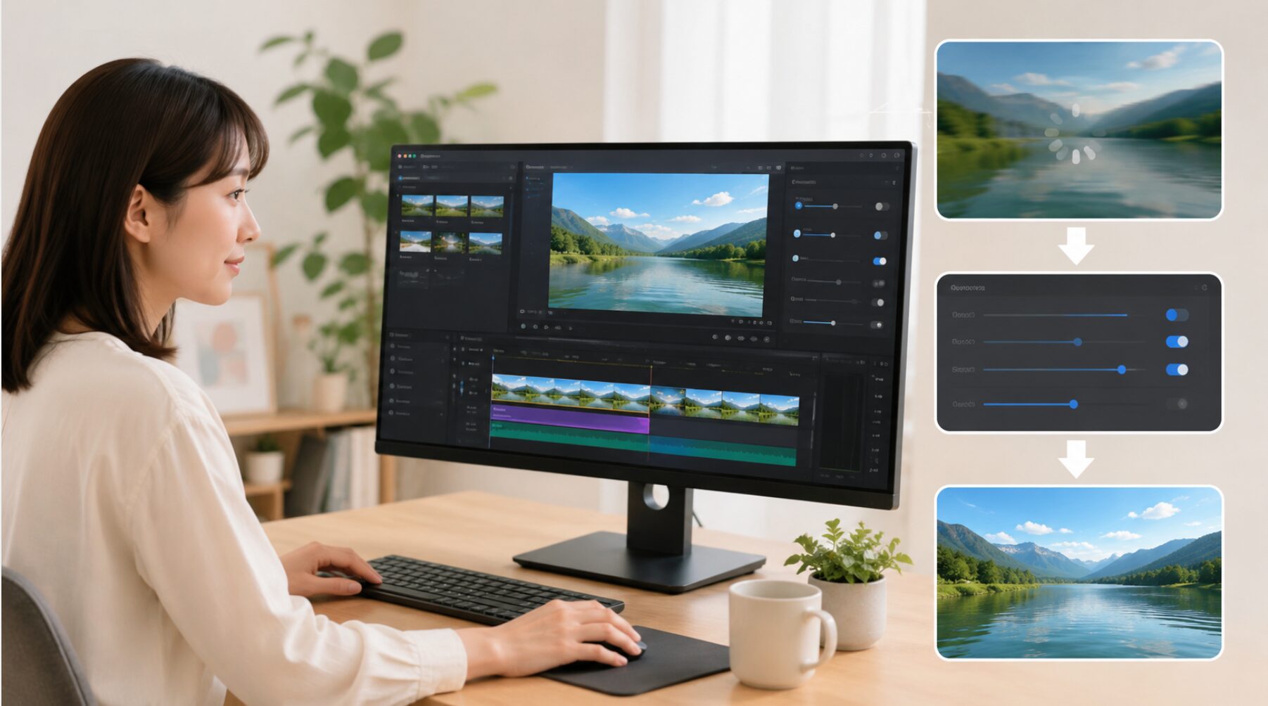 動画編集ソフトの設定を見直し、プレビュー再生を軽くするための調整を行う女性