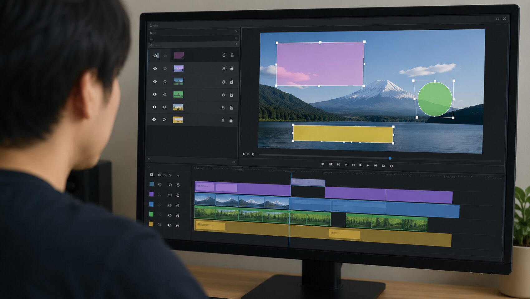 AviUtl2のタイムラインで動画や画像、テキストを重ねてレイヤー編集する画面