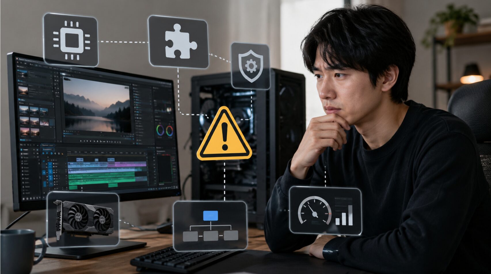 AviUtl2が起動しない原因としてGPUやプラグイン設定を確認する日本人男性