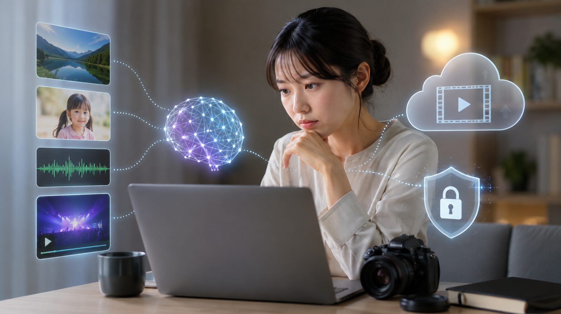 AI字幕や背景削除などのAI機能利用時に、画像・音声・動画データのプライバシー保護を検討する日本人女性