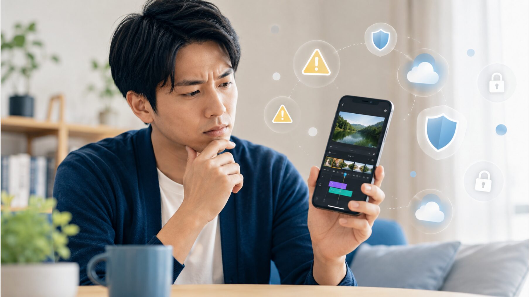 CapCutが危ないという噂を見て動画編集アプリの安全性やデータ利用を確認する日本人男性