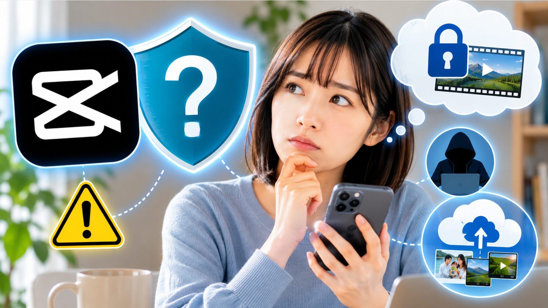 CapCutの安全性や個人情報保護について不安を感じながら利用リスクを確認する日本人女性