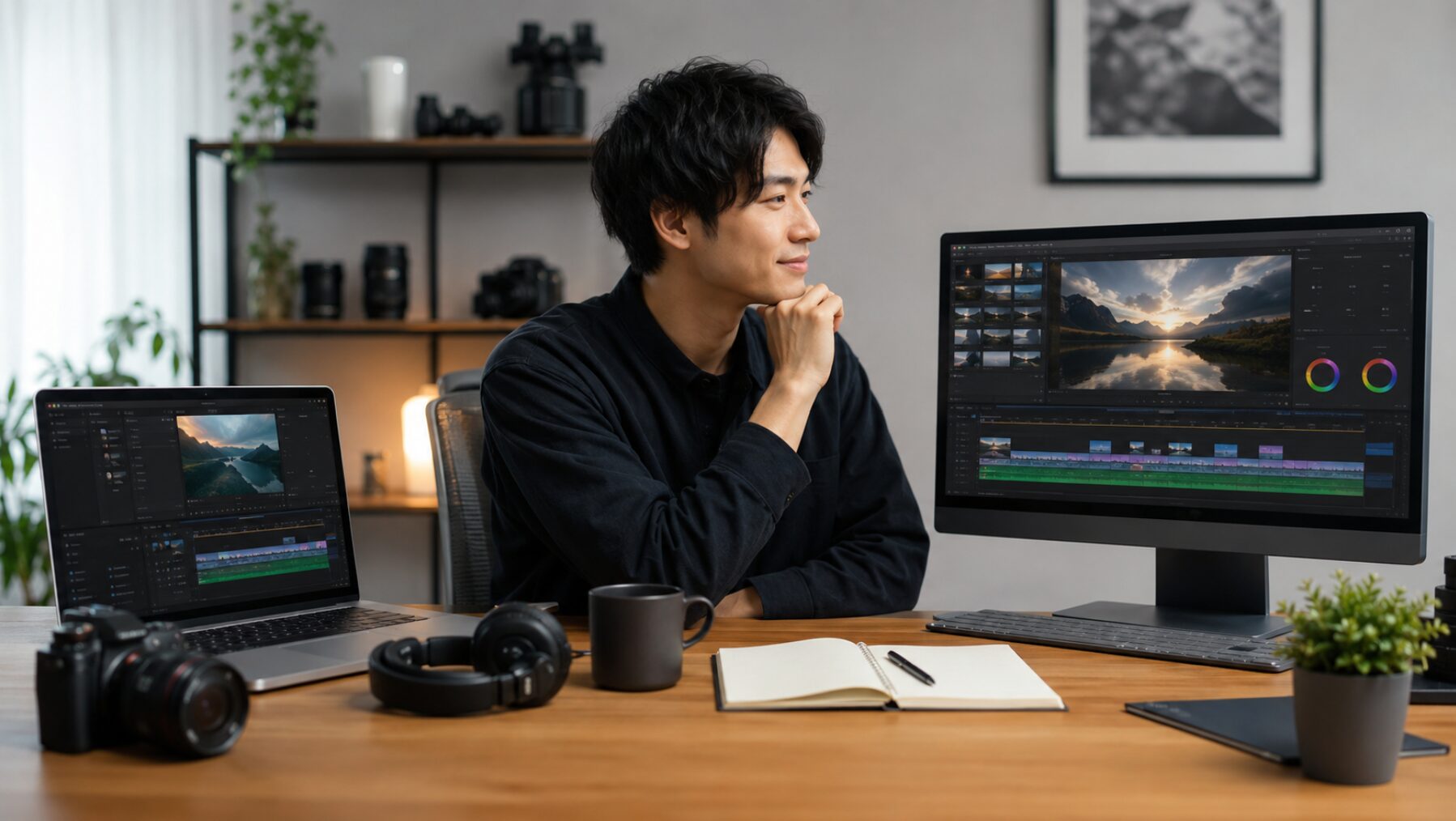 ノートパソコンとデスクトップの動画編集画面を比較し、目的やOSに合う買い切りソフトを選ぶ男性
