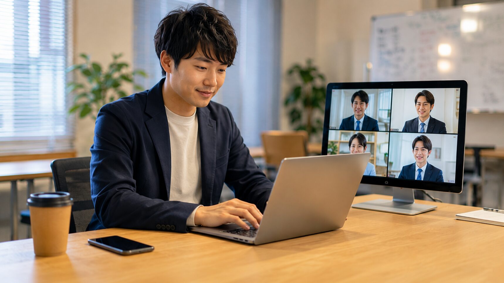 Clipchampのような簡易動画編集ツールで動画を編集する日本人男性