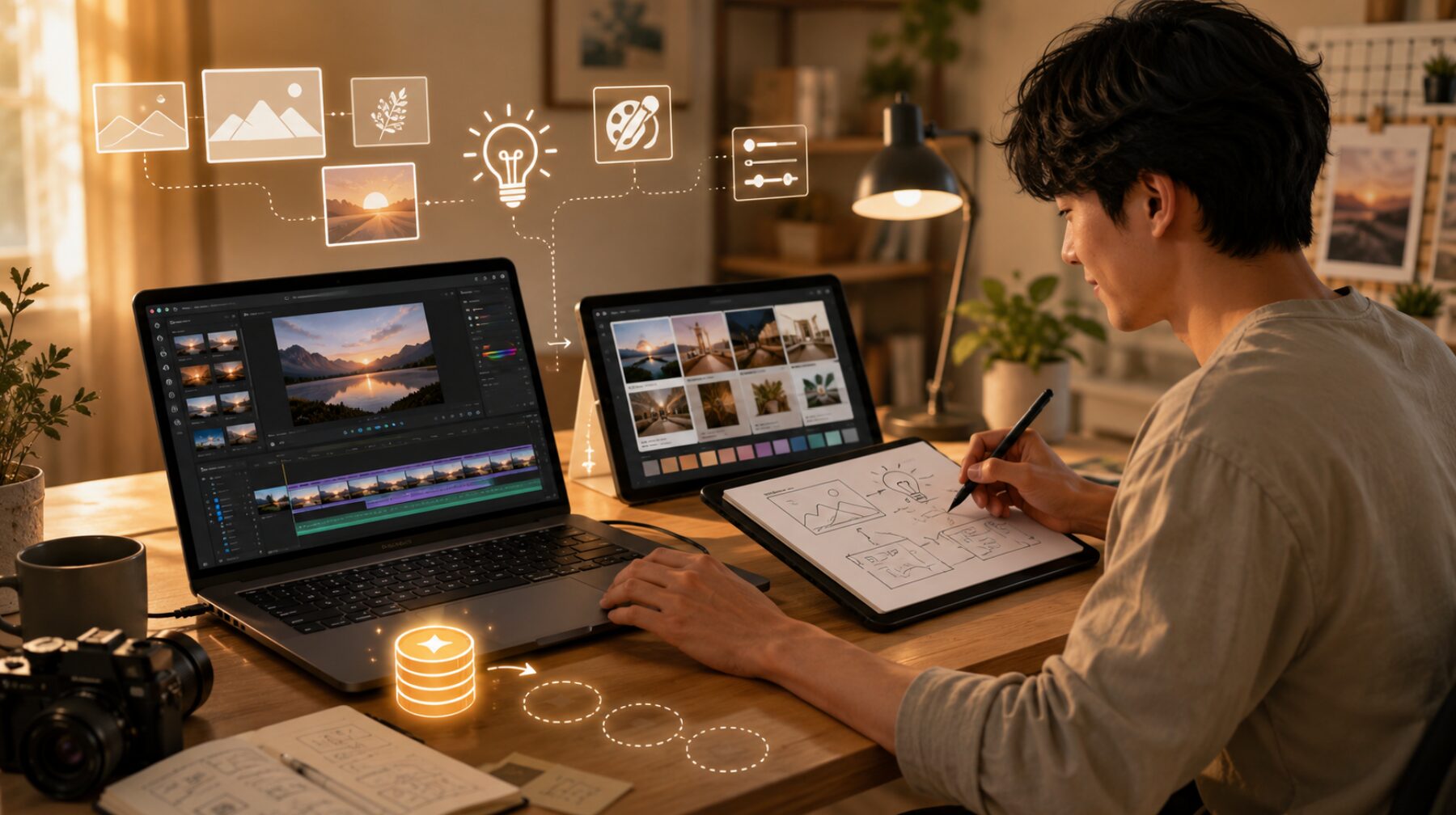 ノートでアイデアを整理しながら、動画編集ソフトと外部の画像・素材ツールを組み合わせてAIクレジットを節約する男性クリエイター