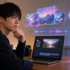 Filmoraの動画編集画面を前に、AI画像生成・音声波形・AI機能とクレジットの消費イメージを確認する男性クリエイター