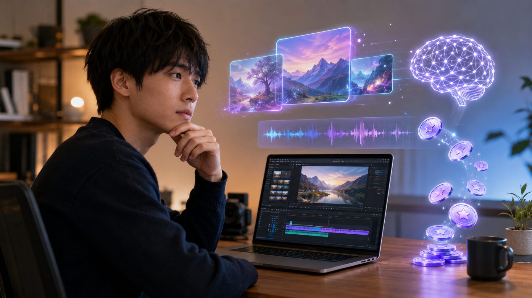 Filmoraの動画編集画面を前に、AI画像生成・音声波形・AI機能とクレジットの消費イメージを確認する男性クリエイター