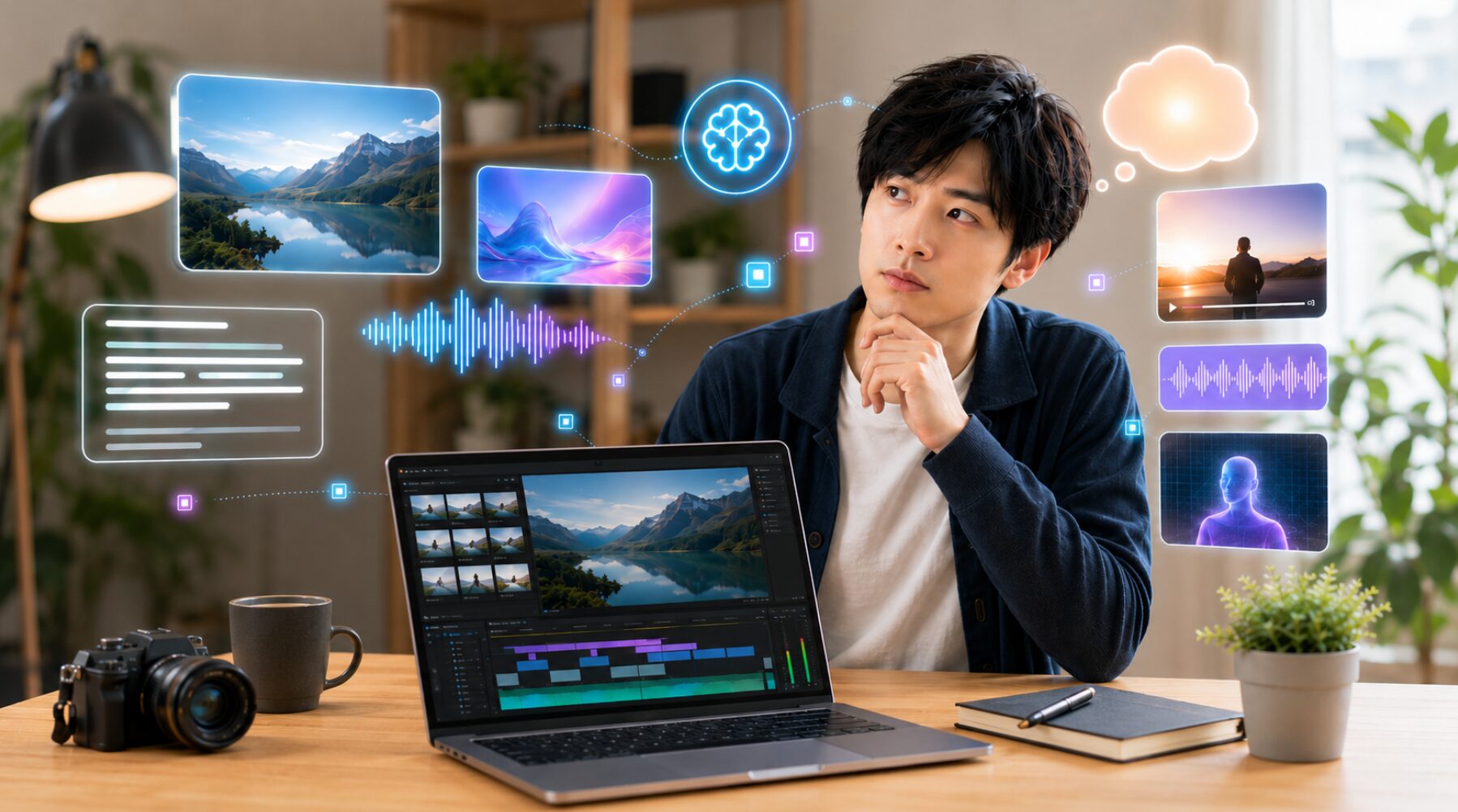 Filmoraの動画編集画面とAI画像生成、音声波形、人物素材などのAI機能を見ながら、AIクレジットの仕組みを考える男性クリエイター