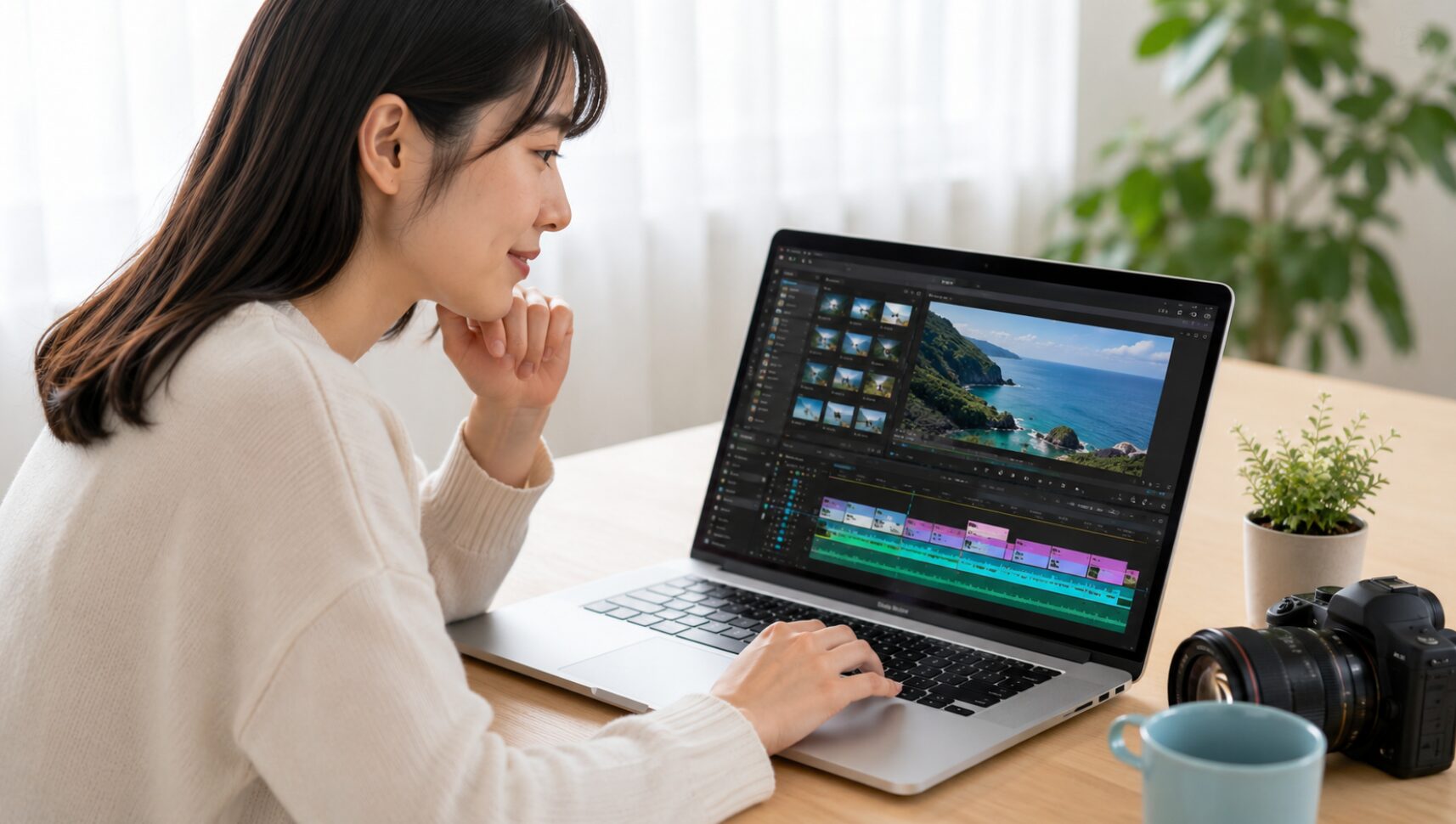 初心者がノートパソコンで動画編集ソフトを使い、PowerDirectorとFilmoraの違いを比較しているイメージ