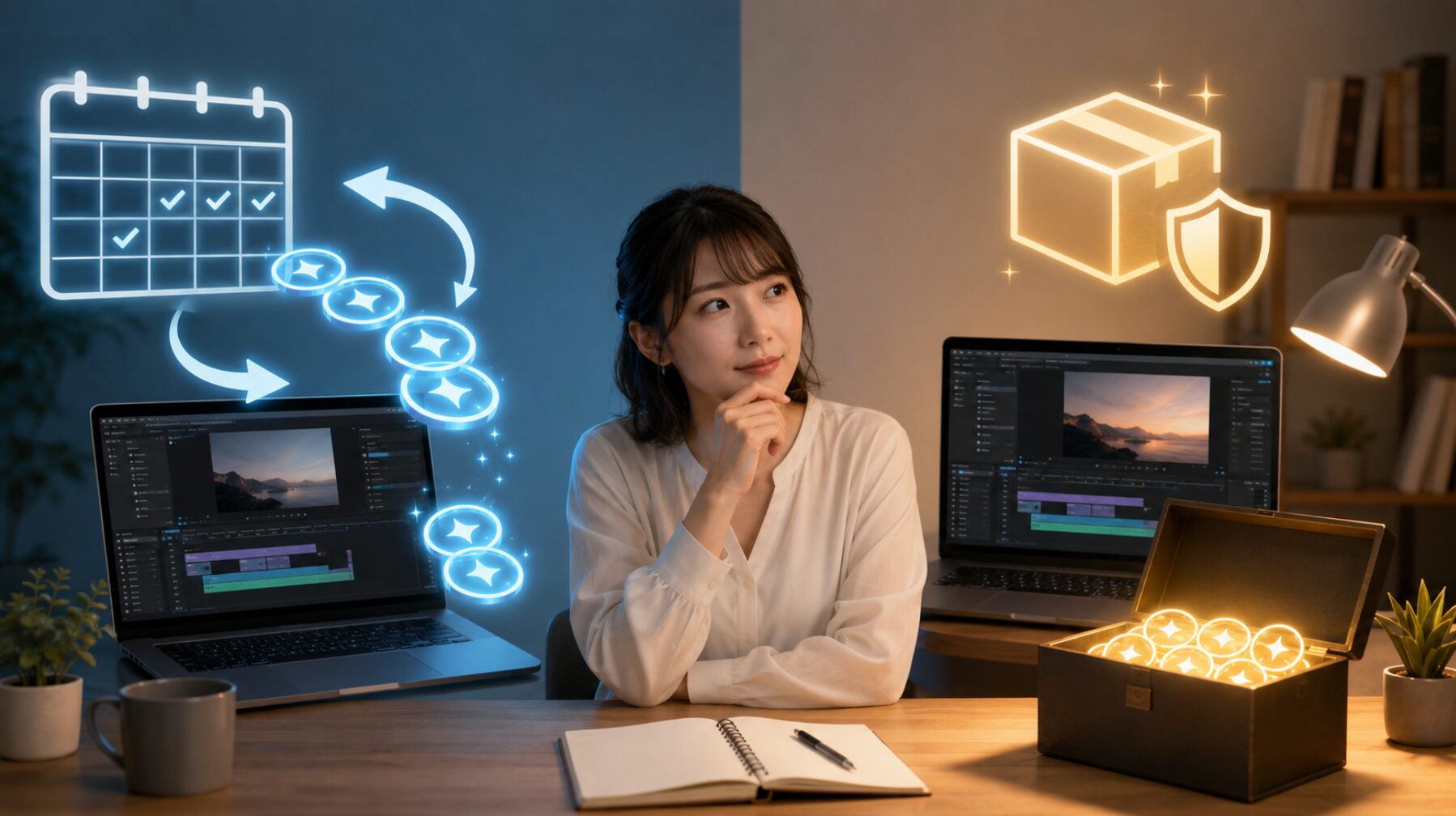 毎月付与されるAIクレジットを表すカレンダーと、買い切り版の初回付与クレジットを表す保管箱を比較する女性動画編集者
