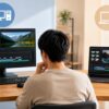 デスクトップパソコンとノートパソコンの動画編集環境を見比べながら、自分に合う無料動画編集ソフトを選ぶ日本人男性。