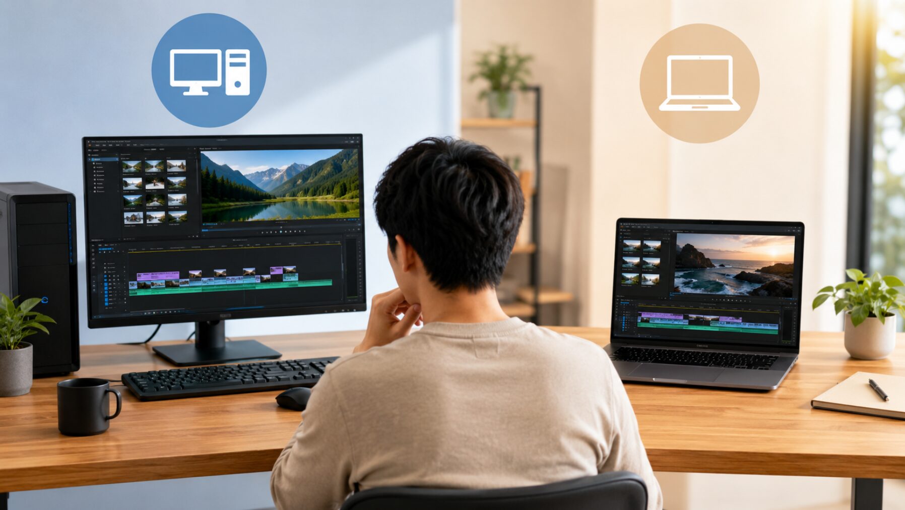 デスクトップパソコンとノートパソコンの動画編集環境を見比べながら、自分に合う無料動画編集ソフトを選ぶ日本人男性。