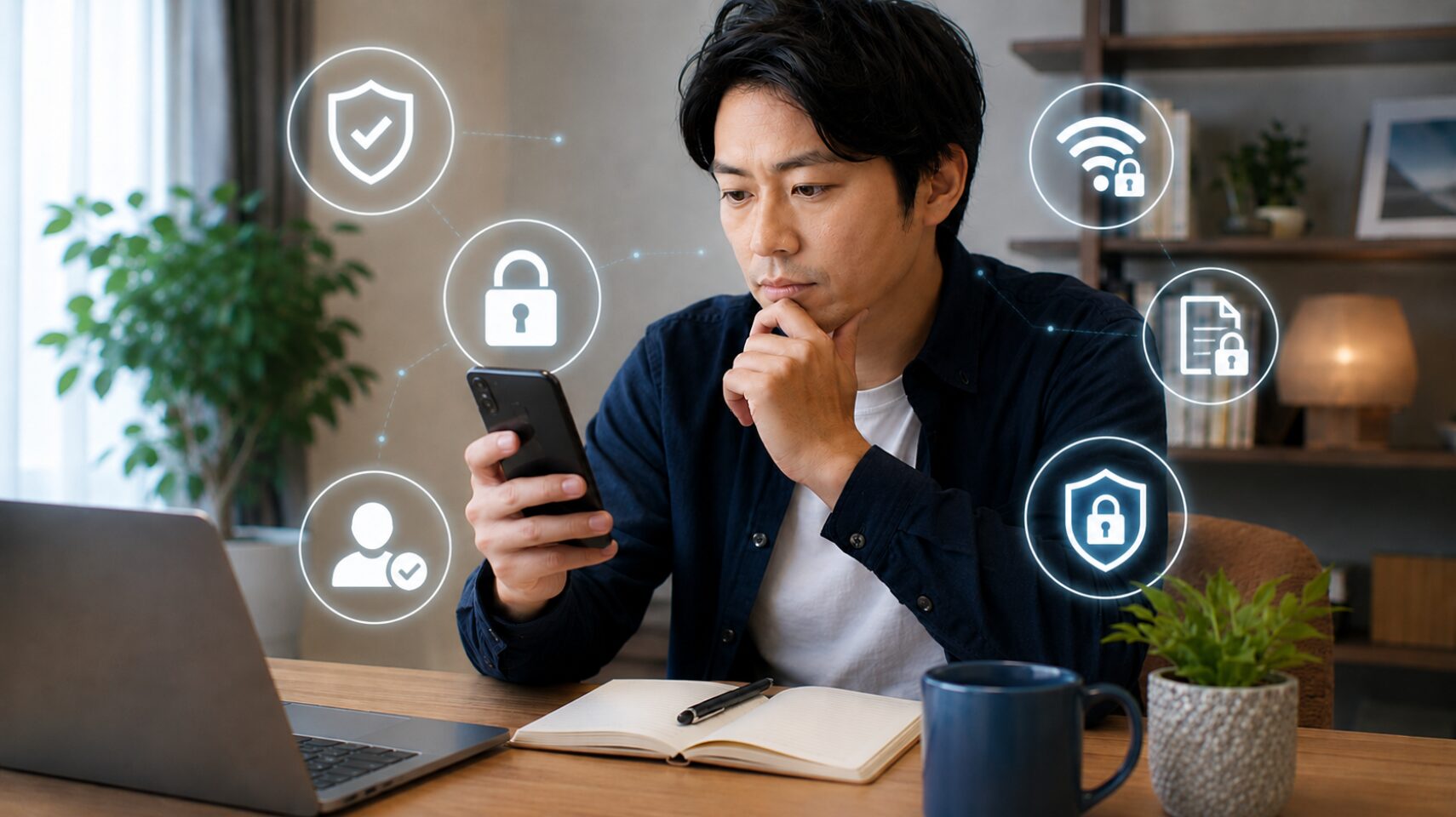 InShotの安全性を調べる日本人男性がスマホアプリを確認している様子