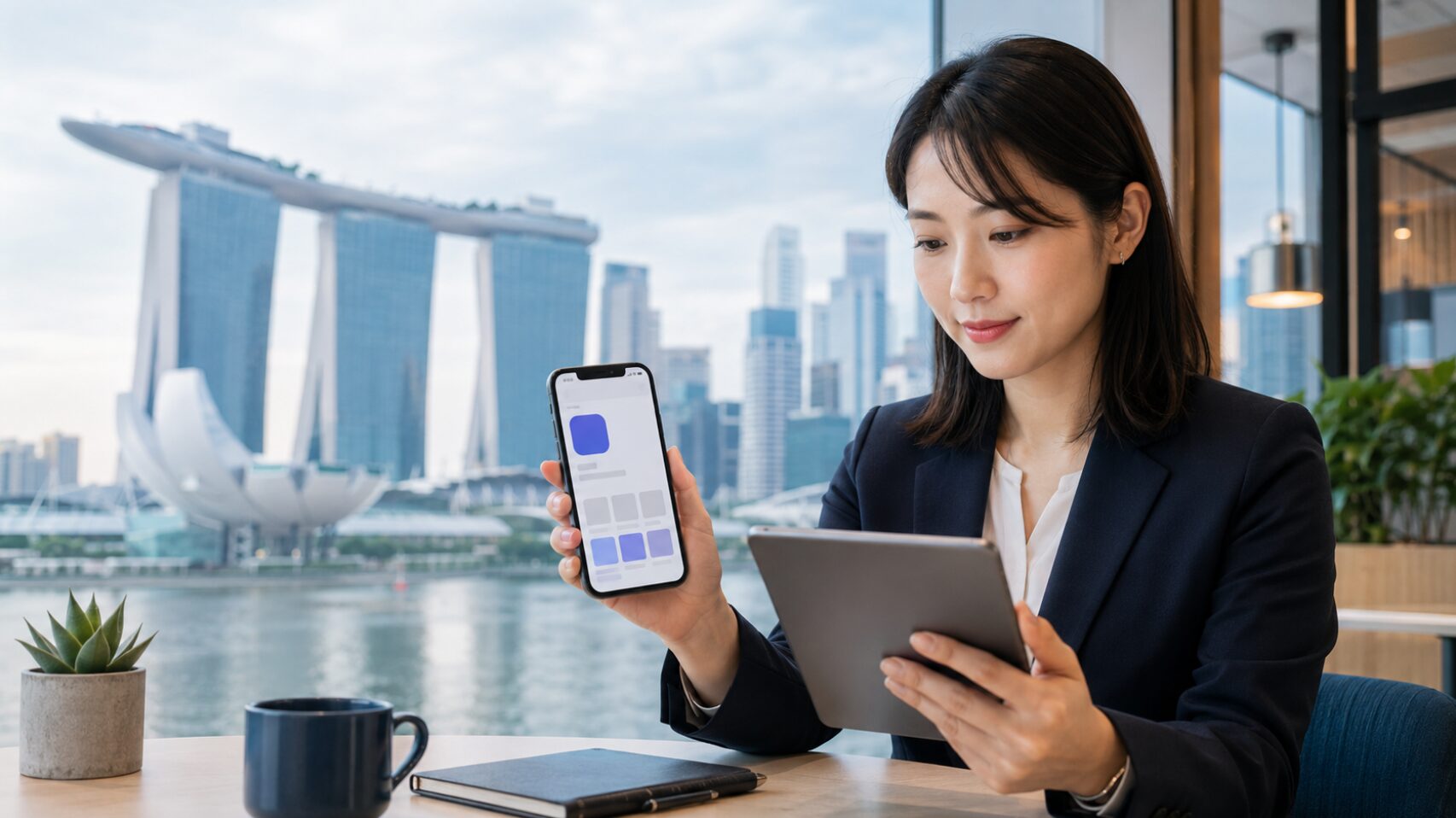 シンガポールの街並みを背景にスマホアプリの提供元を確認する日本人女性