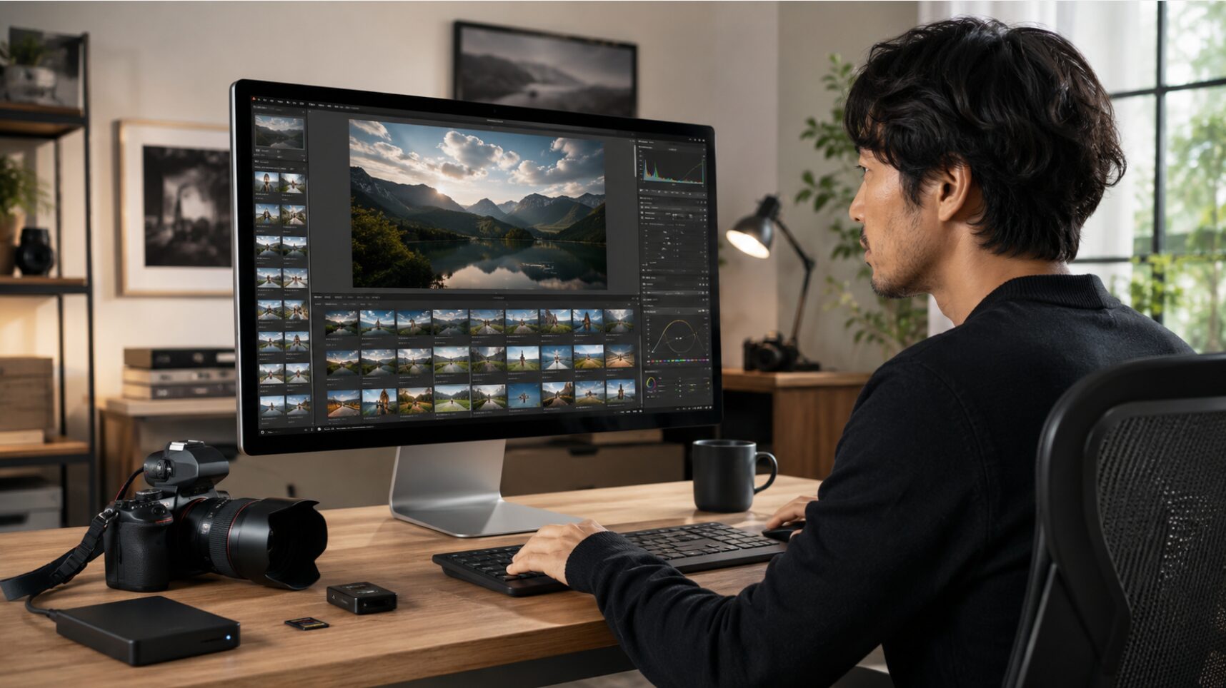 大型モニターとカメラを使いLightroomで大量の写真を編集する日本人男性