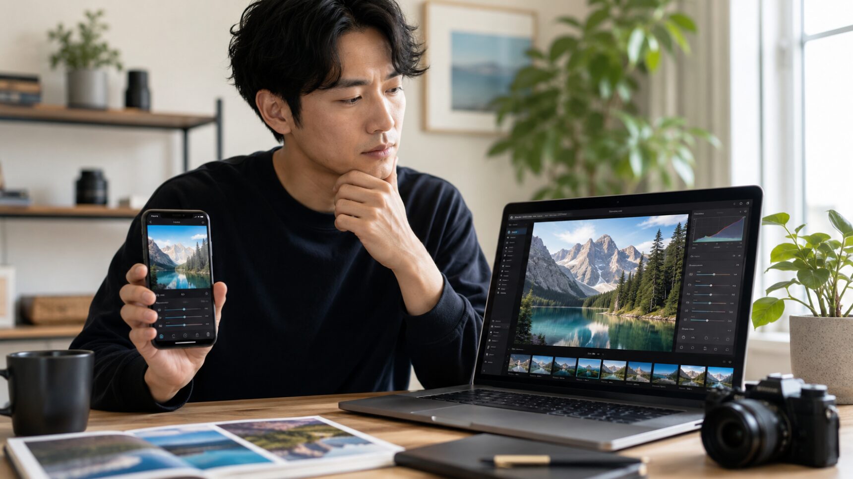 Lightroomのスマホ版とPC対応版の写真編集環境を比較する日本人男性