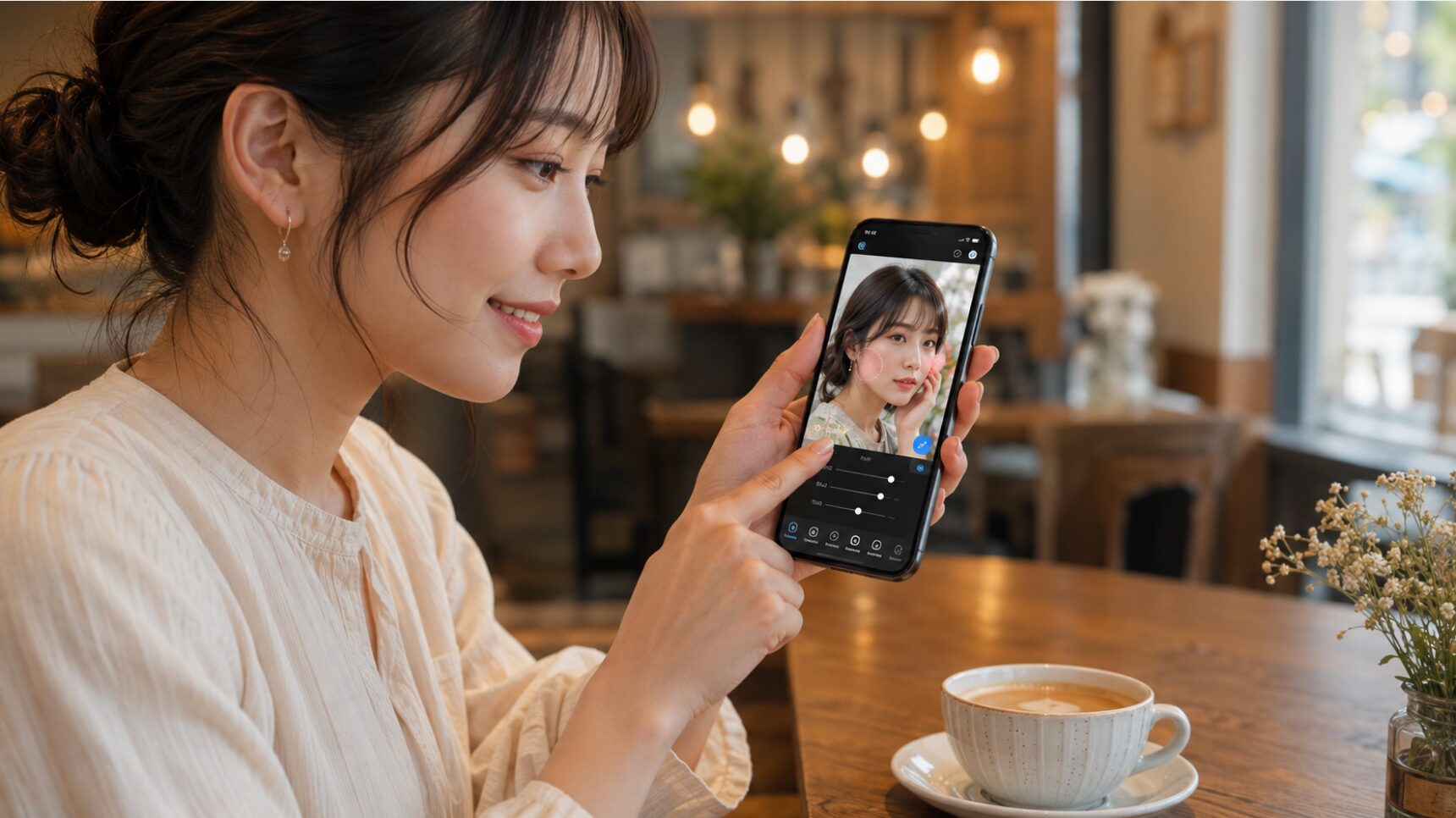 カフェでLightroomのモバイル版を使い人物写真を編集する日本人女性