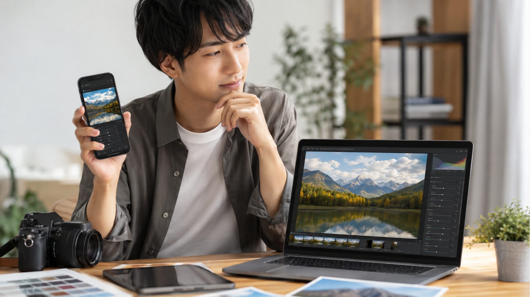 Lightroomのスマホ版とPC版の違いを比較しながら写真編集を行う日本人男性