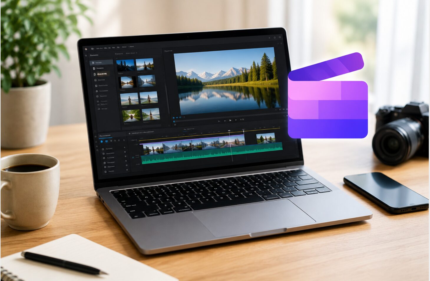 Microsoft Clipchampの必要性を検討するための動画編集環境イメージ。ノートパソコンで動画編集を行う作業スペースとカメラが配置されたデスク。