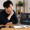 買い切り型動画編集ソフトを選ぶため、ノートパソコンの編集画面を見ながら比較検討する男性