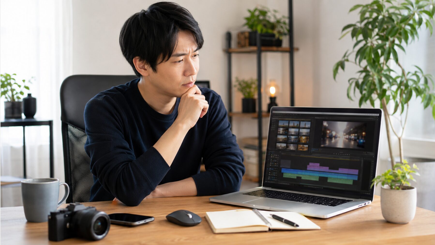 買い切り型動画編集ソフトを選ぶため、ノートパソコンの編集画面を見ながら比較検討する男性