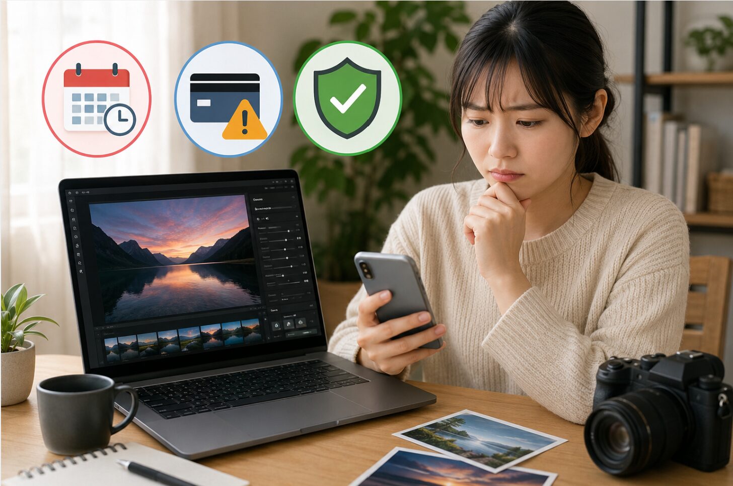 PhotoDirector解約手順と返金確認に悩む日本人女性がスマホとパソコンで契約状況を確認している様子