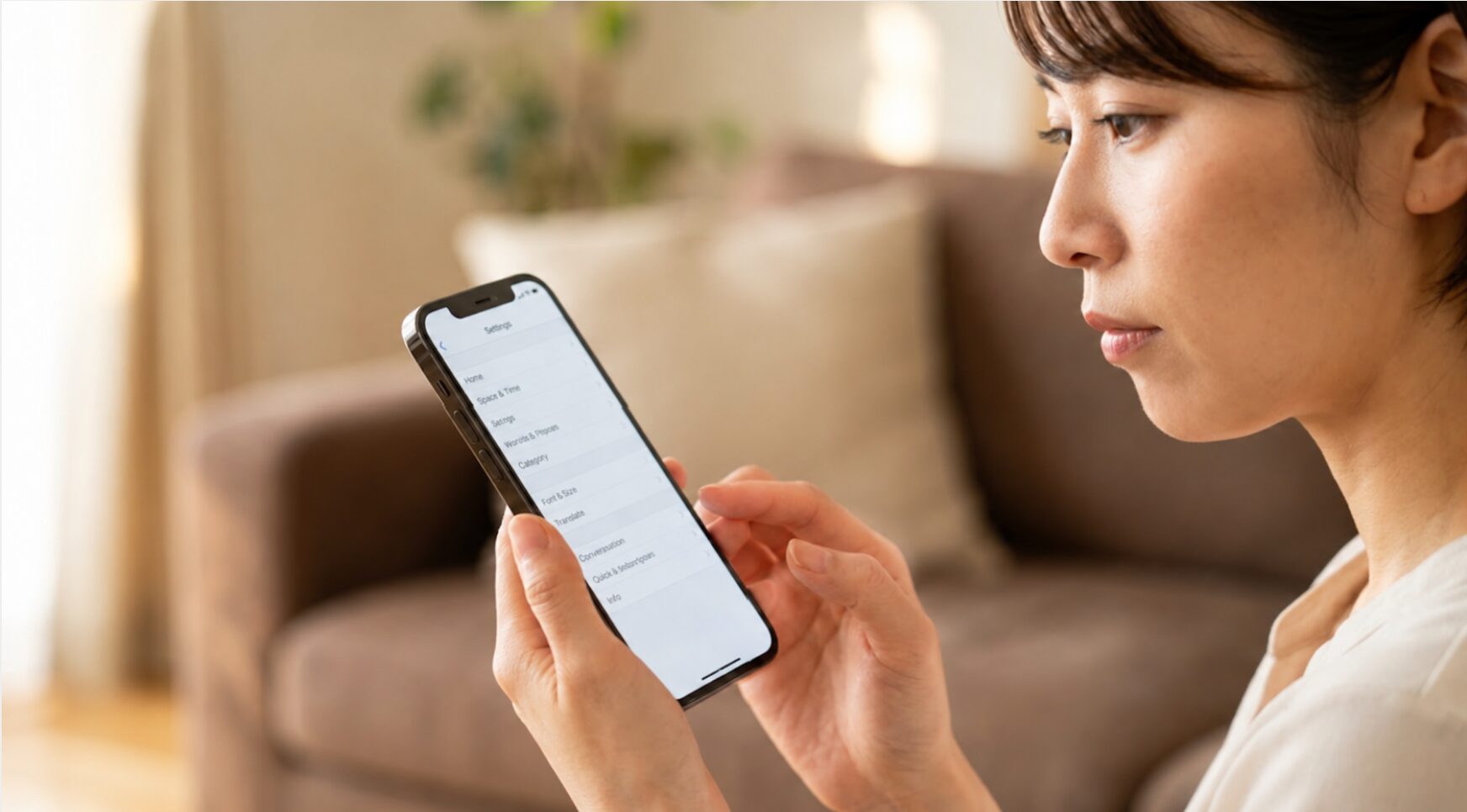 iPhoneの設定画面からPhotoDirectorのサブスクリプション解約を進める、日本人の女性の手元のクローズアップ。