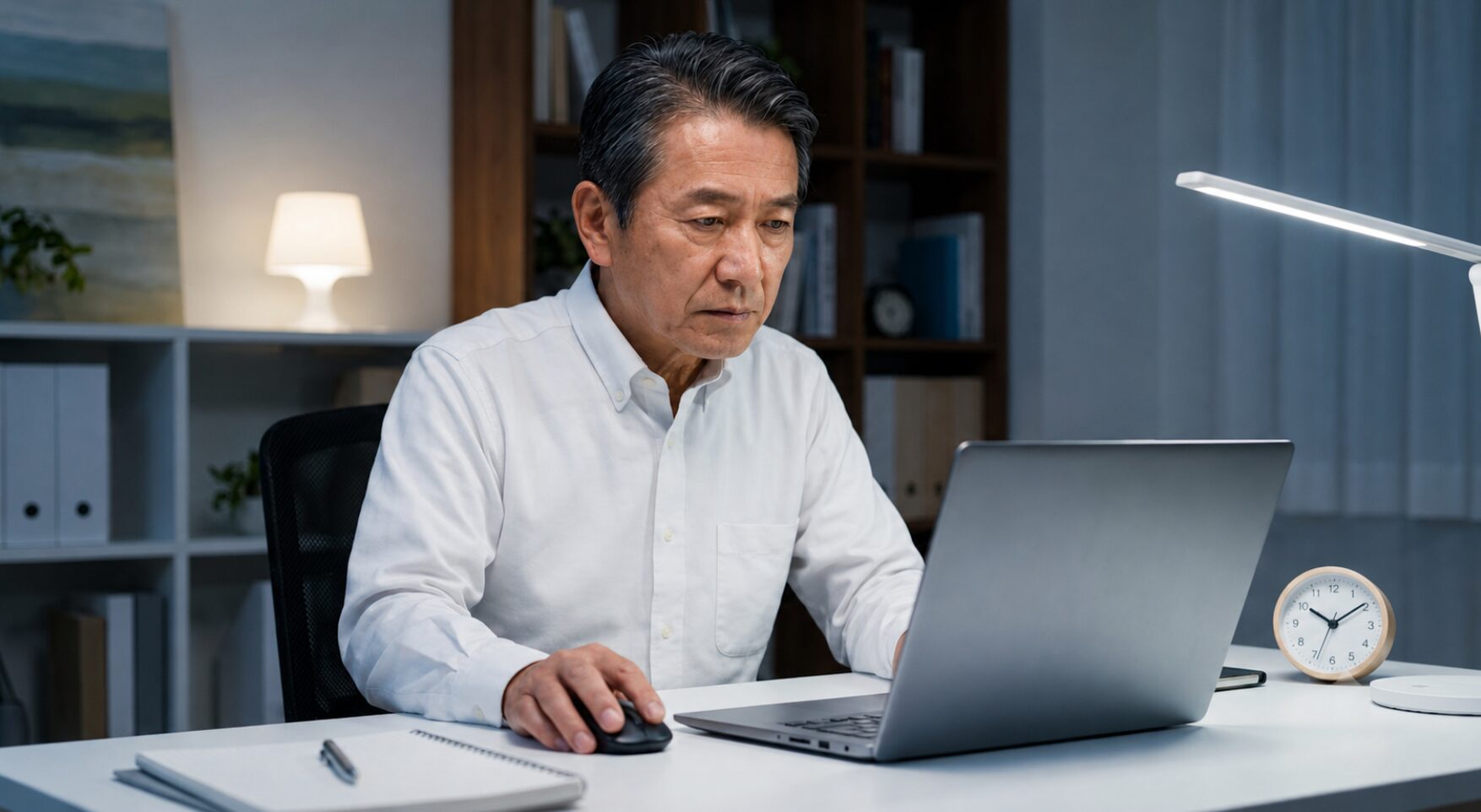 48時間前のシステム期限を意識しながら、パソコンでCyberLinkメンバーサイトにログインし、PhotoDirectorの解約手続きを行う集中した様子の日本人の男性。