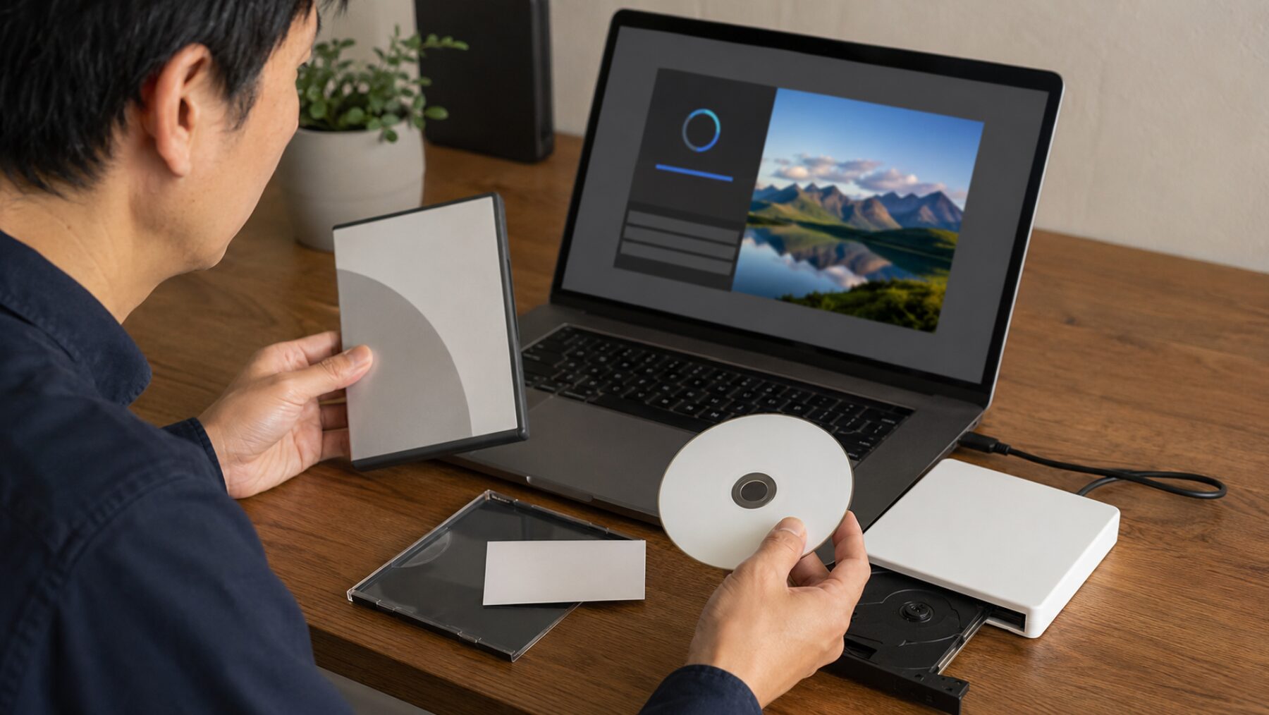 DVD版のPhotoshop Elements旧バージョンを外付けドライブで再インストールしようとする日本人男性