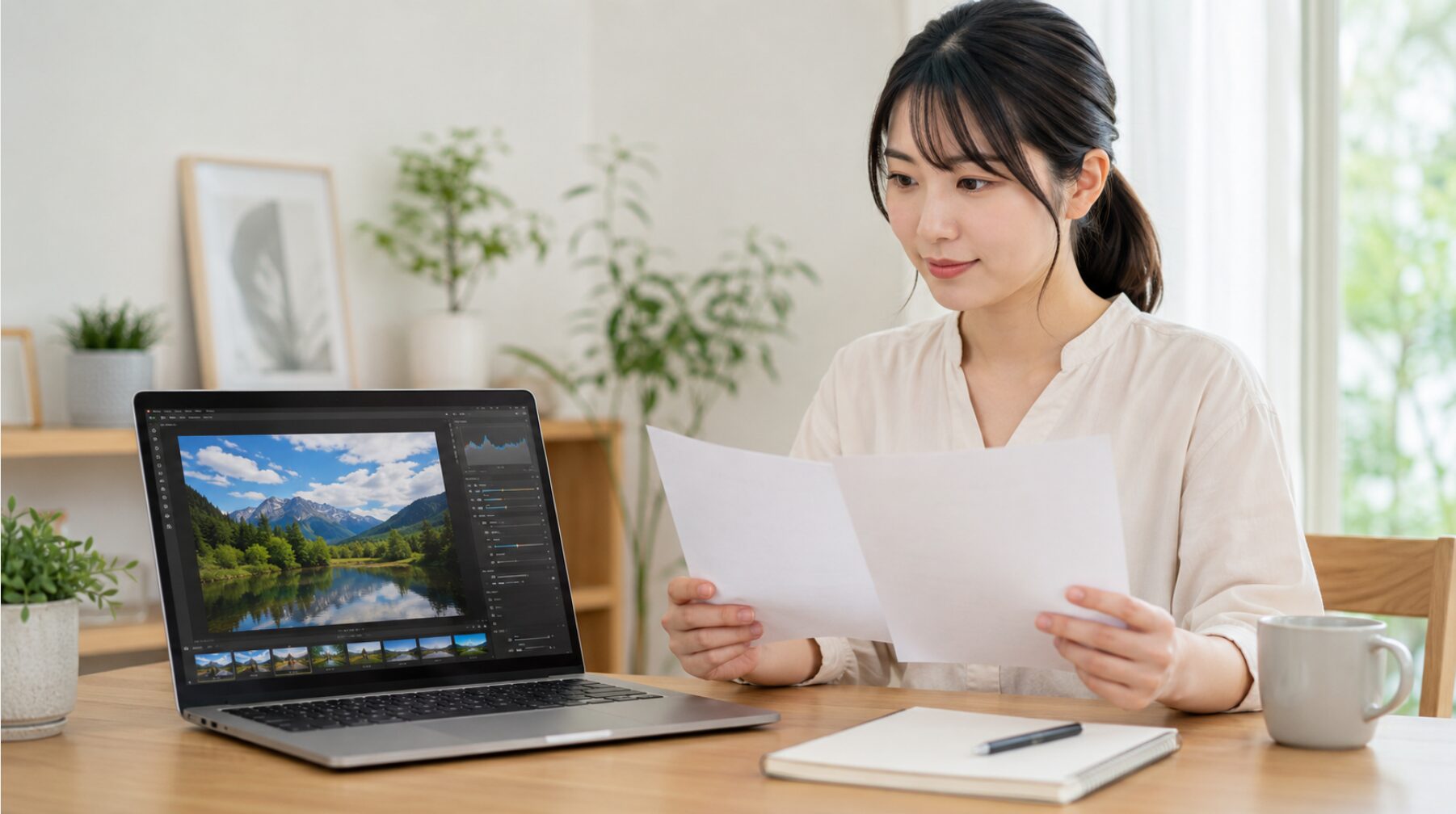 Photoshop Elements旧バージョンのダウンロード前に、Adobeアカウントや購入情報を確認する日本人女性