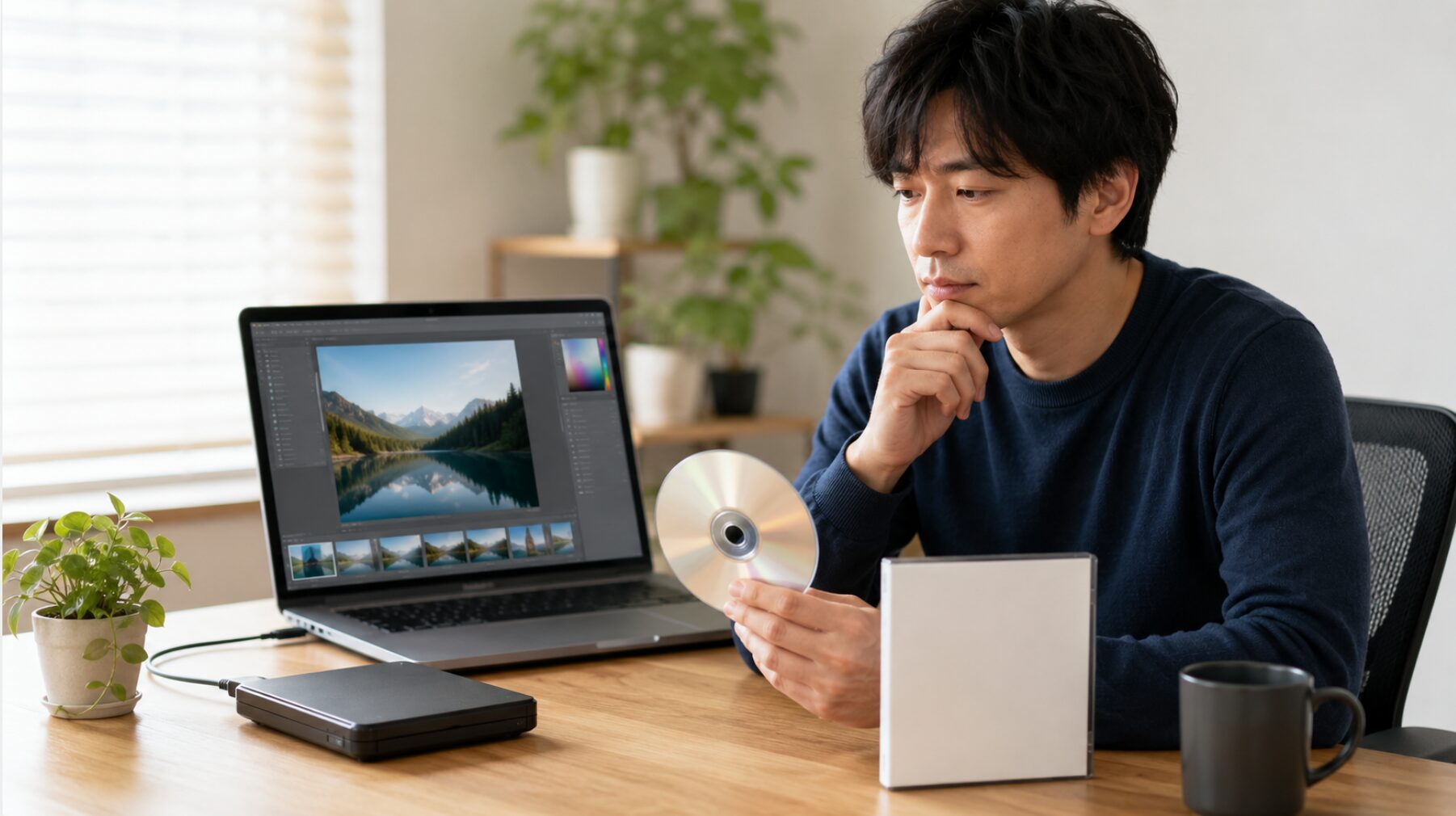 Photoshop Elements旧バージョンのDVDと写真編集画面を見ながら、再インストール方法を確認する日本人男性