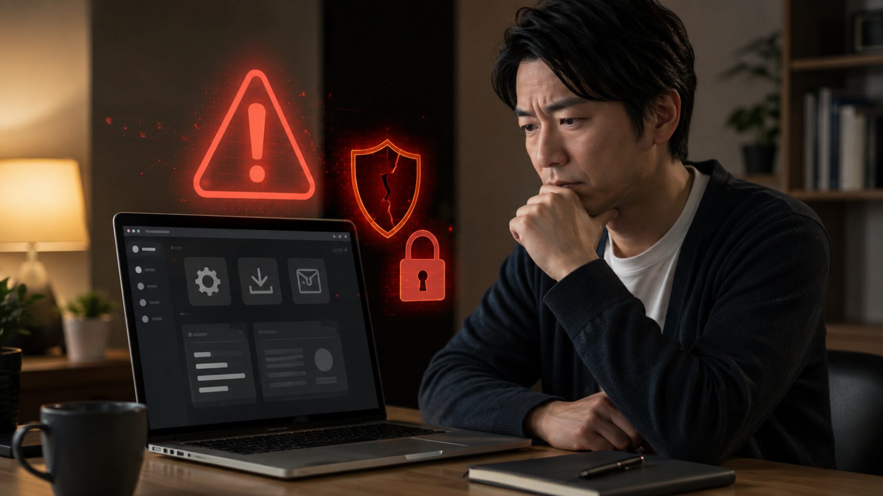 Photoshop Elements旧バージョンの非公式ダウンロードによるウイルスやライセンス違反の危険性を確認する日本人男性