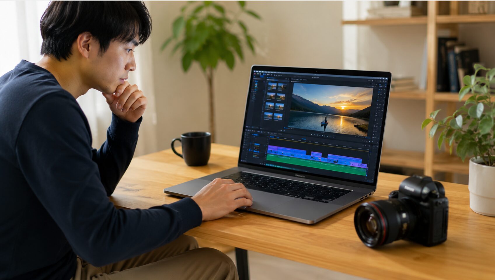 PowerDirectorのAIクレジット料金を確認しながら動画編集する男性