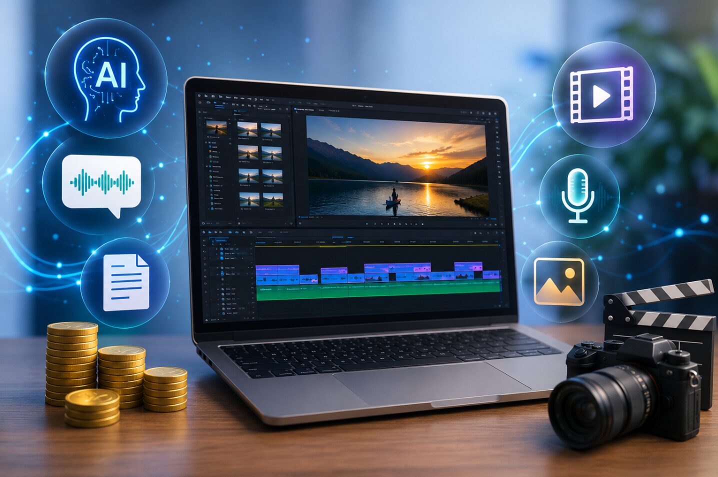 PowerDirectorのAIクレジット料金や動画生成・文字起こし機能をイメージした動画編集環境