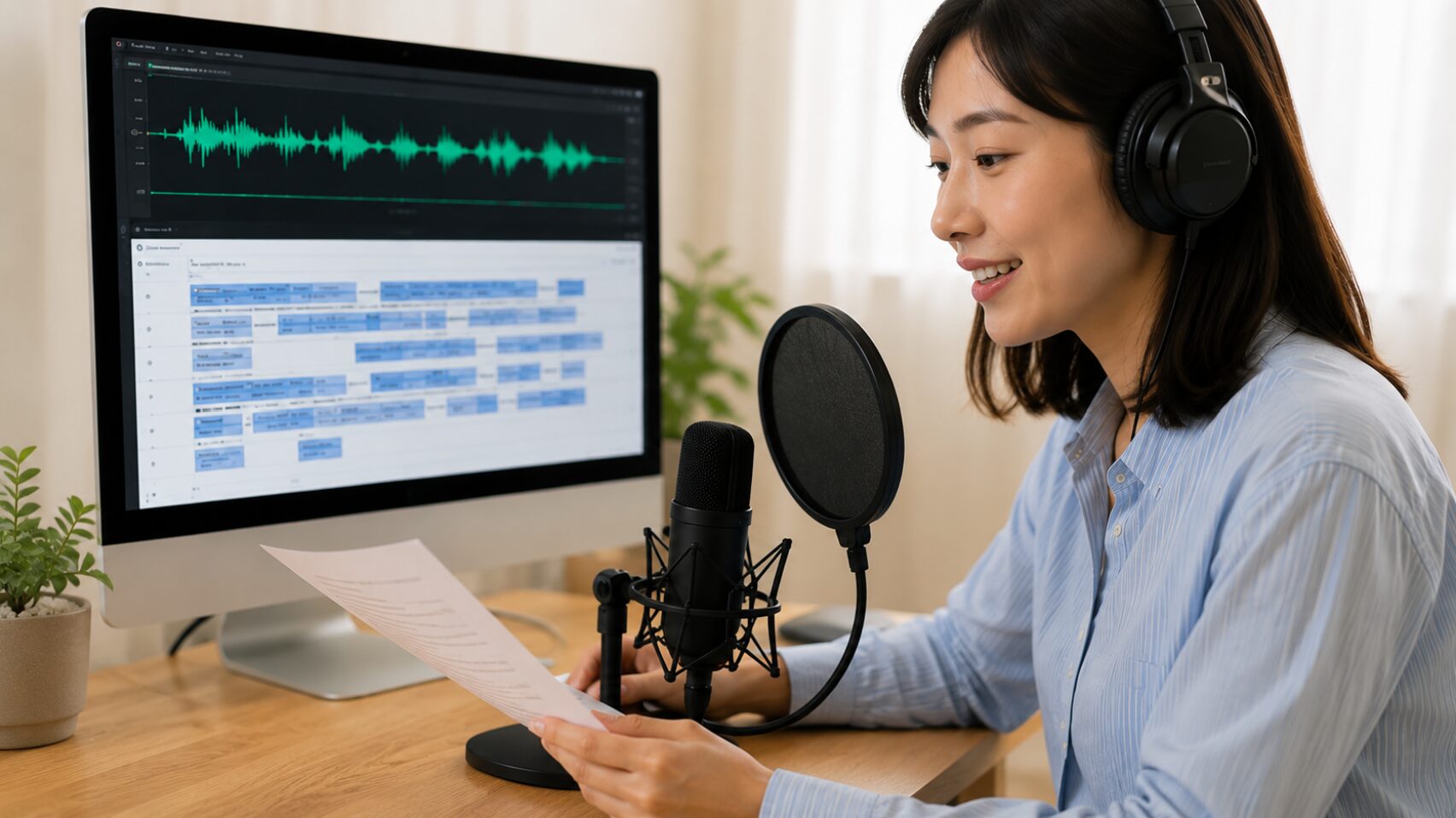 PowerDirectorのAI文字起こしや音声翻訳を使って音声編集する女性