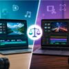PowerDirectorとFilmoraを比較検討するため、ノートパソコンで動画編集を行う日本人クリエイターと編集タイムラインを描いた動画編集ソフト比較のアイキャッチ画像
