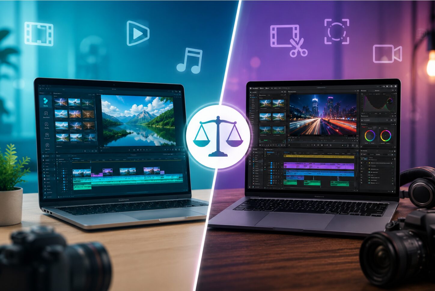 PowerDirectorとFilmoraを比較検討するため、ノートパソコンで動画編集を行う日本人クリエイターと編集タイムラインを描いた動画編集ソフト比較のアイキャッチ画像