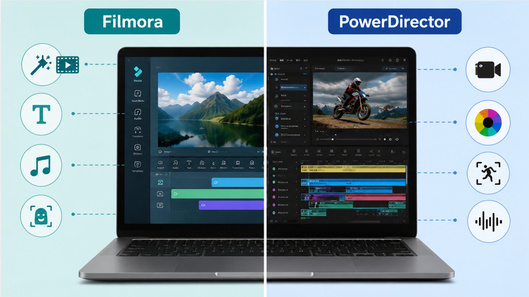 PowerDirectorとFilmoraの編集画面を比較し、機能や使いやすさの違いを視覚的に表したイメージ