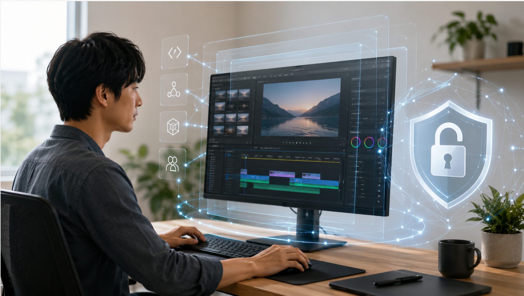 動画編集画面を表示したパソコンと透明な情報パネル、鍵付きシールドで表したオープンソースとプライバシー保護