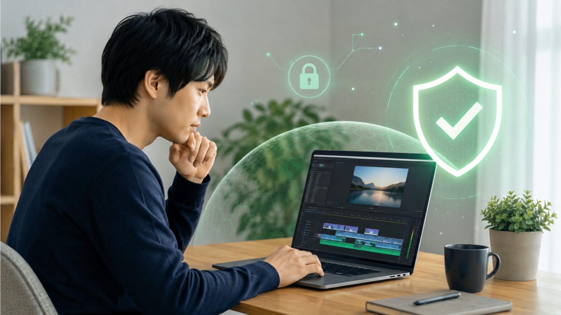 動画編集ソフトを開いたノートパソコンと、セキュリティシールドのイメージを確認する日本人男性