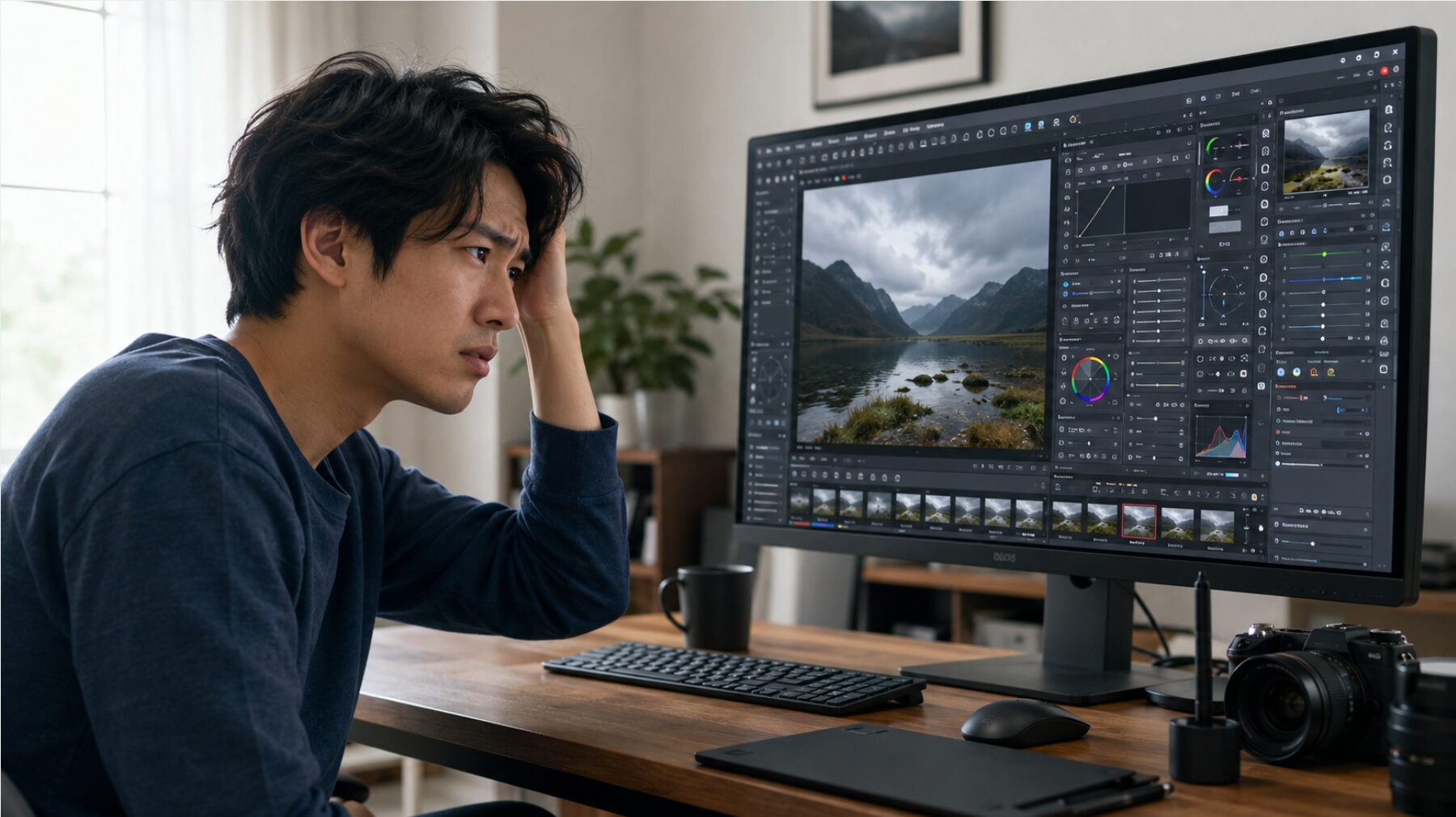 SILKYPIXの複雑な編集画面を前に、使い方が分からず悩む日本人男性