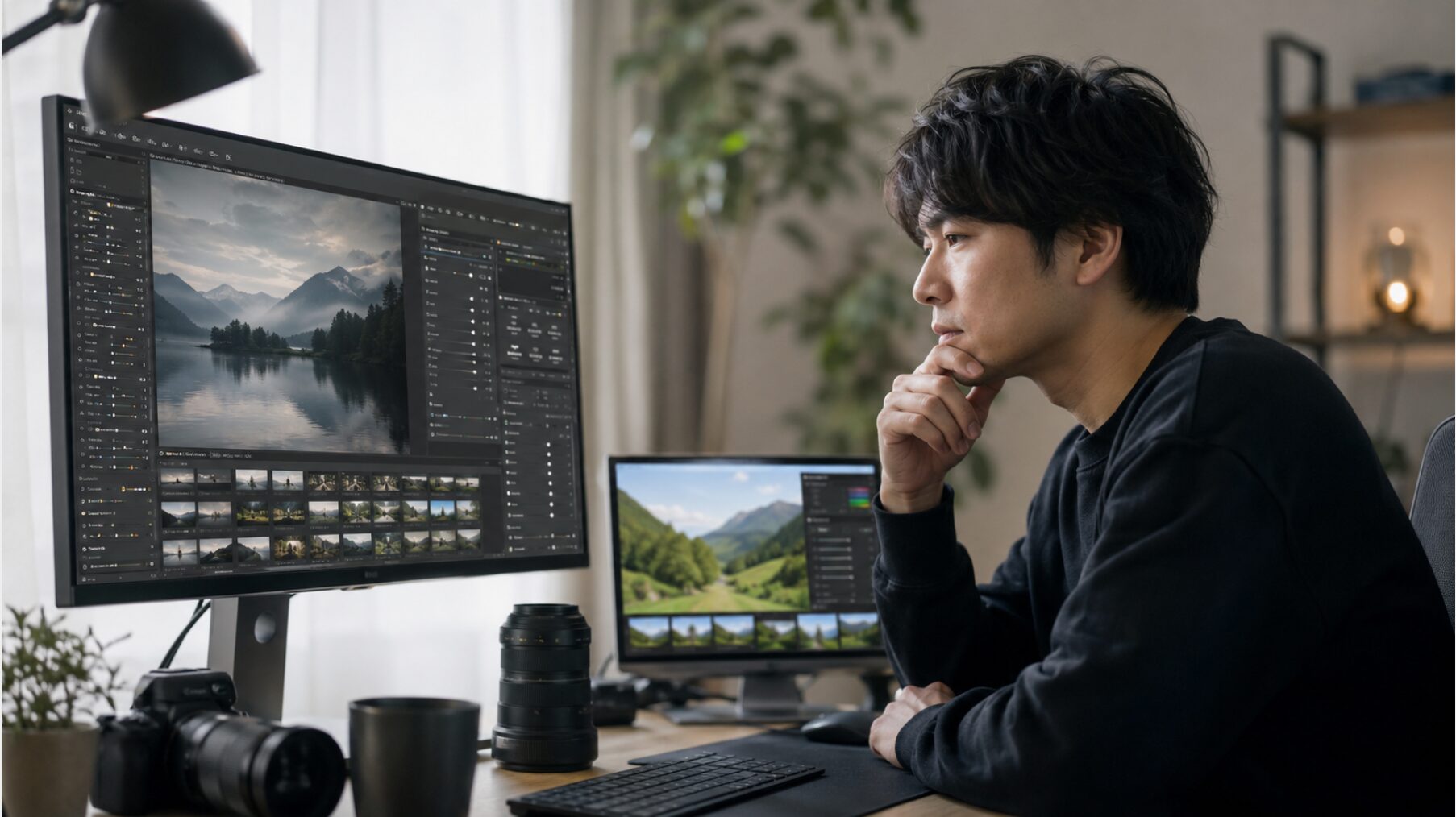複雑な写真編集画面を見ながらSILKYPIXの使いにくさと代替ソフトを検討する日本人男性