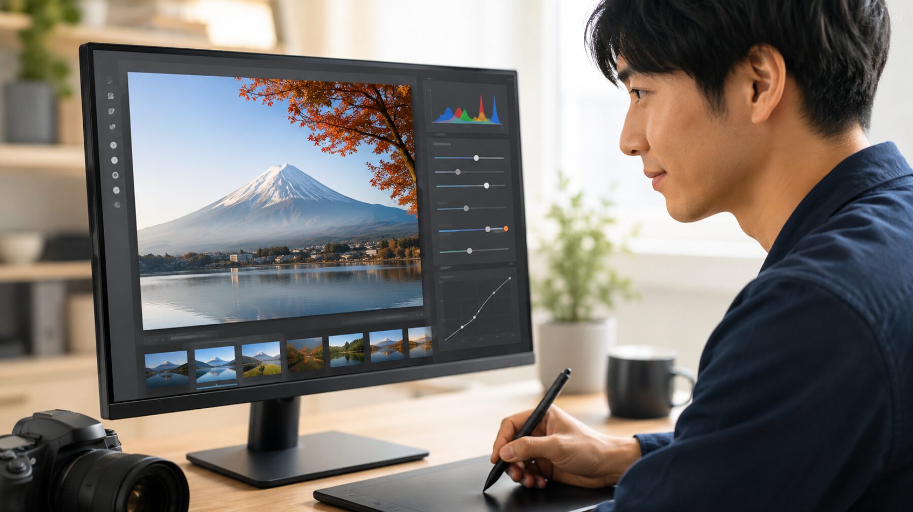 シンプルな編集画面でRAW写真を調整する日本人男性と使いやすい写真編集環境