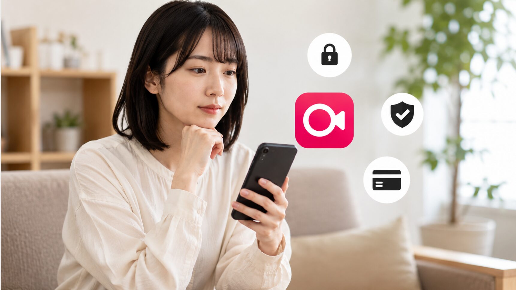 VLLOの国籍や危険性を確認する日本人女性とスマホアプリの安全性イメージ